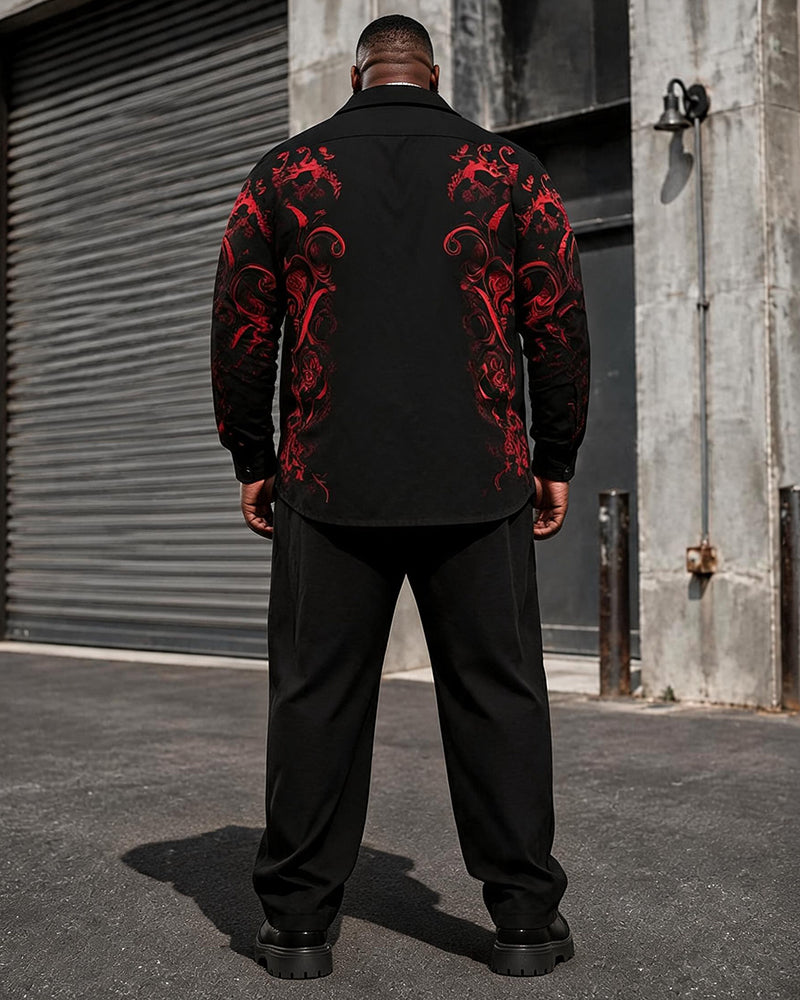 Big & Tall Men's Black And Red Print Long Sleeve Shirt Pants Set