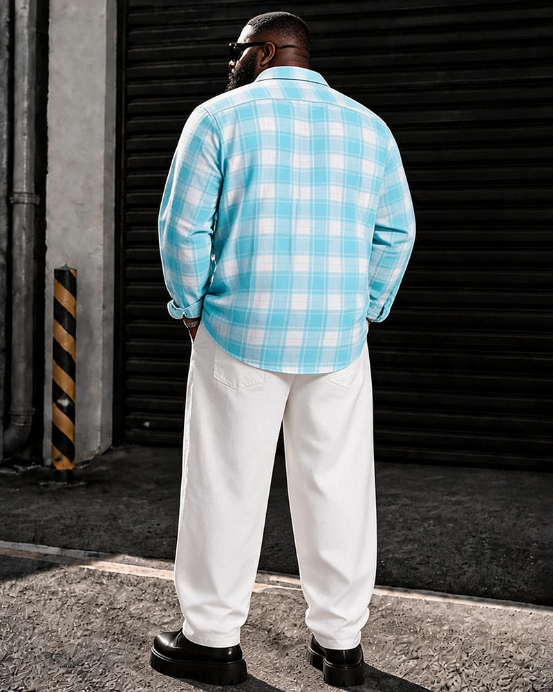 Big & Tall Men's Light Blue Plaid Print Long Sleeve Shirt Pants Set