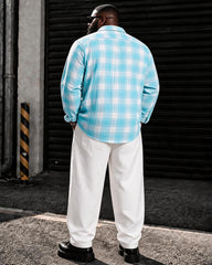 Big & Tall Men's Light Blue Plaid Print Long Sleeve Shirt Pants Set