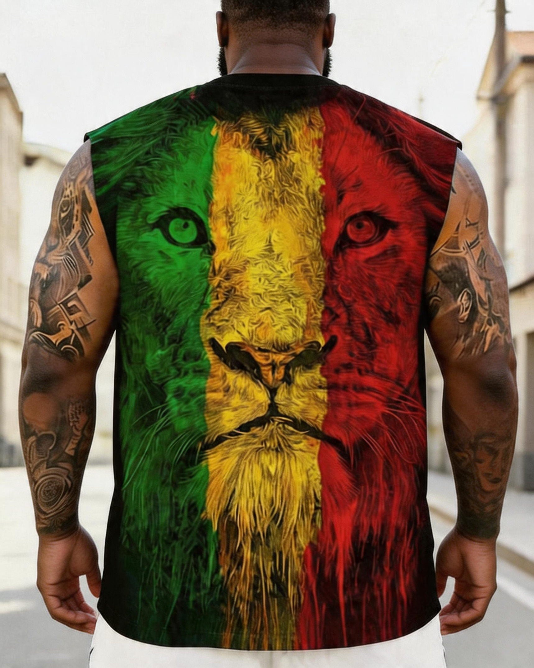 Big & Tall Men's Red, Yellow And Green Stitching Lion Head Printed Round Neck Sports Vest