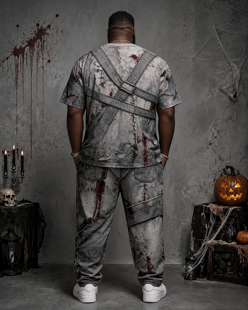 Big & Tall Men's Broken Bandage Bloodstain Zombie Simulation Printed T-shirt Pants Set