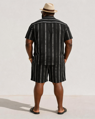 Big & Tall Men's Black Silver Flash Vertical Stripes Printed Short Sleeve Shirt Shorts Set
