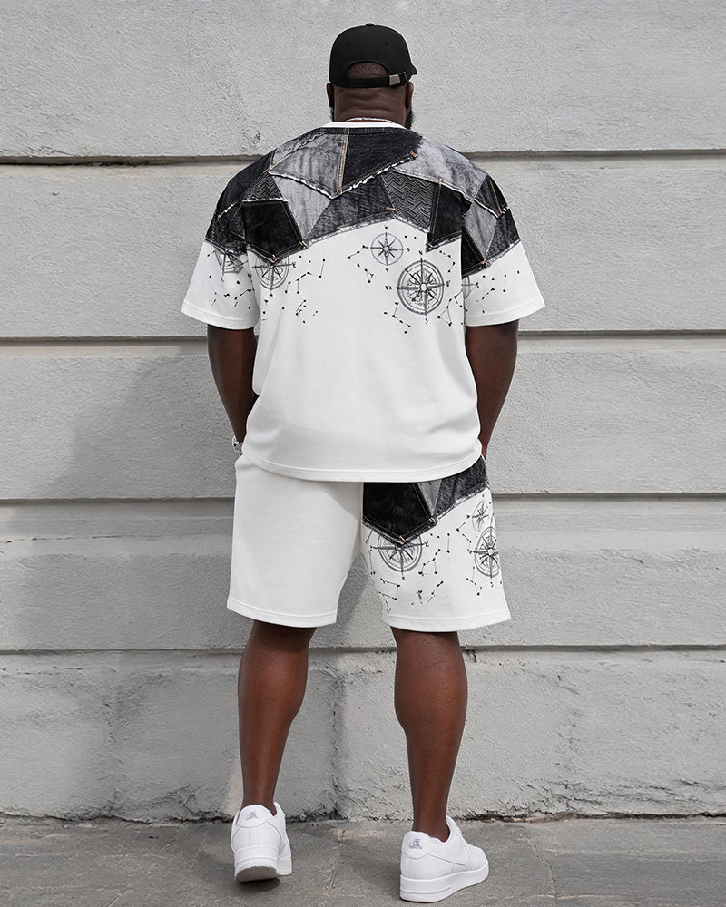 Big & Tall Men’s Distressed Denim Patchwork Compass Star Chart Printed Crew-Neck Short-Sleeve T-Shirt And Shorts Set