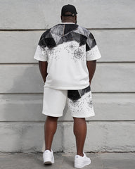 Big & Tall Men’s Distressed Denim Patchwork Compass Star Chart Printed Crew-Neck Short-Sleeve T-Shirt And Shorts Set