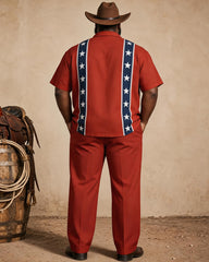 Big & Tall Men's Western Red Blue And White Star Printed Short Sleeve Shirt Pants Set