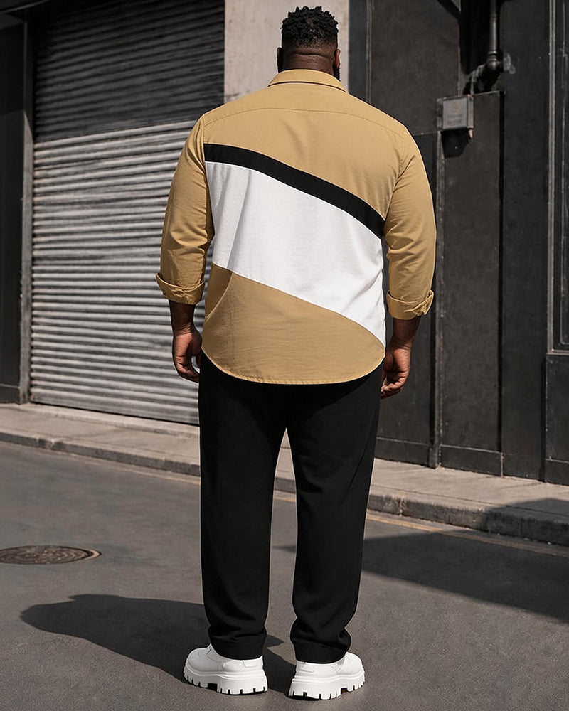 Big & Tall Men's Khakis White And Black Stitching Pocket Long Sleeve Shirt Trousers Set