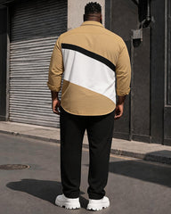 Big & Tall Men's Khakis White And Black Stitching Pocket Long Sleeve Shirt Trousers Set