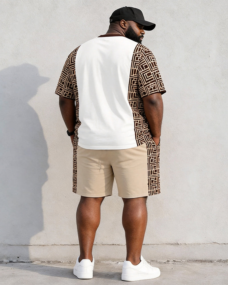 Big & Tall Men's Geometric Stitching Crown Print Round Neck Short Sleeve T-shirt Shorts Set
