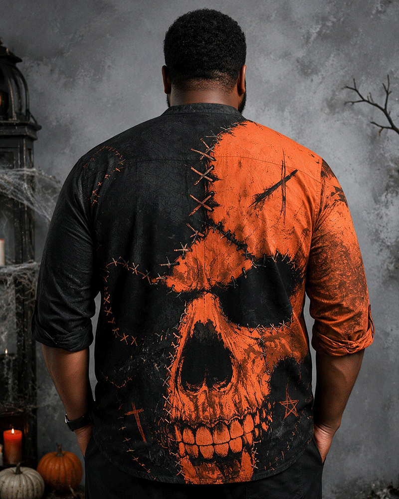Big & Tall Men's Orange Black Tear Skull Pumpkin Printed Collar Long Sleeve Shirt