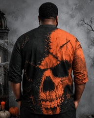 Big & Tall Men's Orange Black Tear Skull Pumpkin Printed Collar Long Sleeve Shirt