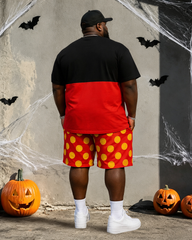 Big & Tall Men’s Black And Red Cartoon Big Round-Face Print Crew-Neck Short-Sleeve T-Shirt And Shorts Set