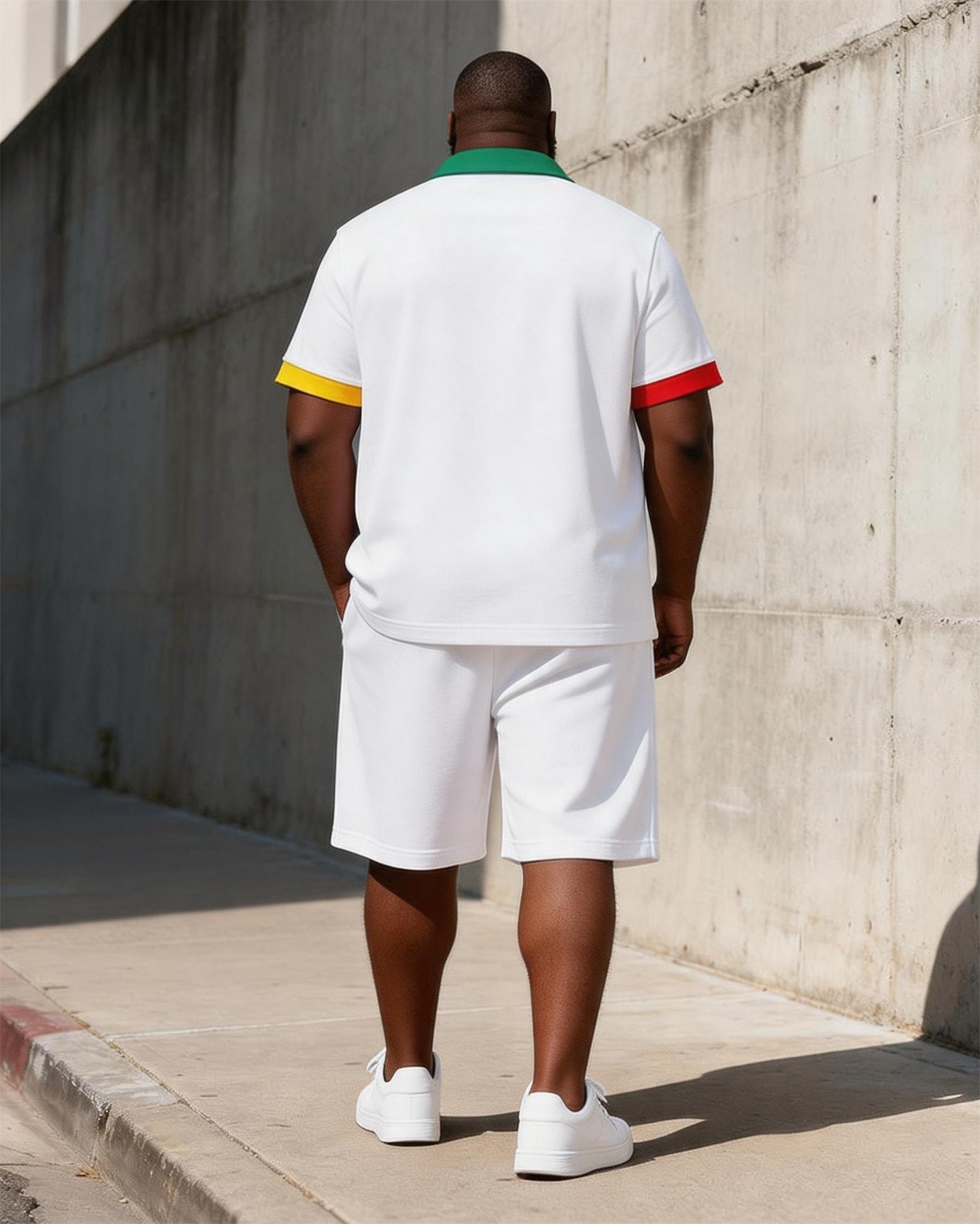 Big & Tall Men's Green Red Yellow Contrast Printed POLO Short Sleeve Shorts Set