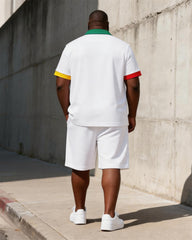 Big & Tall Men's Green Red Yellow Contrast Printed POLO Short Sleeve Shorts Set