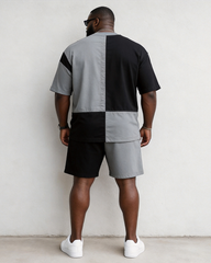 Big & Tall Men's JESUS Black And White Stitching Cross Print Round Neck Short Sleeve T-Shirt Shorts Set