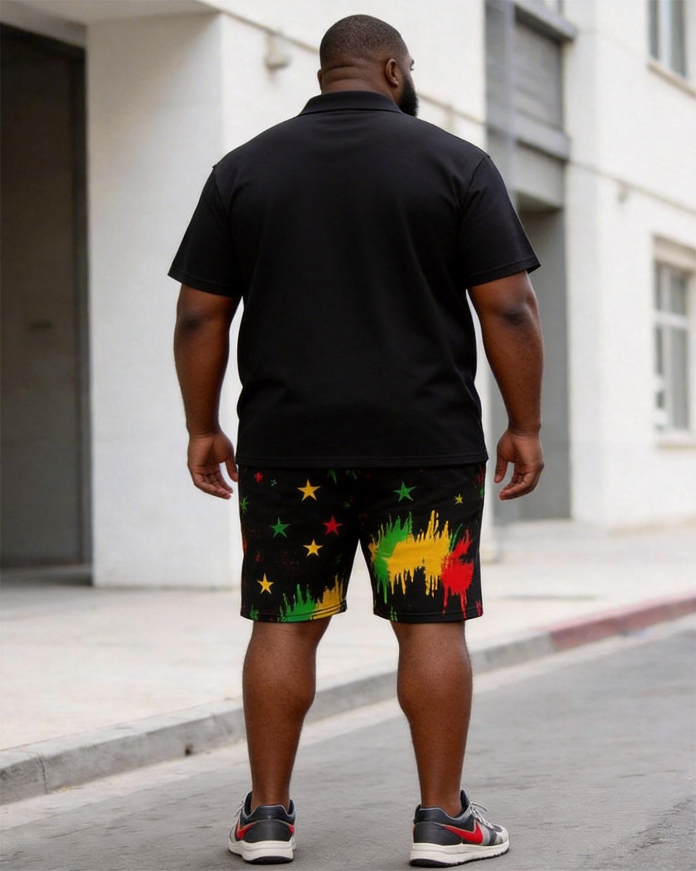 Big & Tall Men's HOPE Fist Print Splash Ink Print POLO Short Sleeve Shorts Set