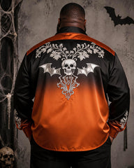 Big & Tall Men's Halloween Black Orange Gradient Skull Bat Print Long Sleeve Shirt