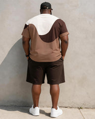 Big & Tall Men's Brown Wave Patchwork Pony Print Round Neck Short Sleeve T-Shirt Shorts Set