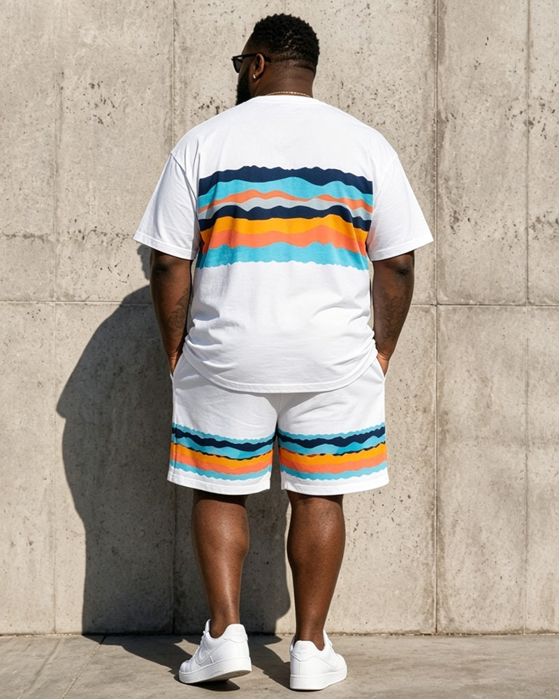 Big & Tall Men's Wave Rainbow Stripe Print Round Neck Short Sleeve T-Shirt Shorts Set