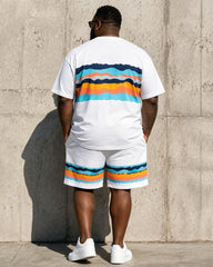 Big & Tall Men's Wave Rainbow Stripe Print Round Neck Short Sleeve T-Shirt Shorts Set
