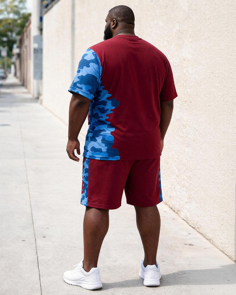 Big & Tall Men's Burgundy Blue Camouflage Stitching Flag Print Crew Neck Short Sleeve T-shirt Shorts Set