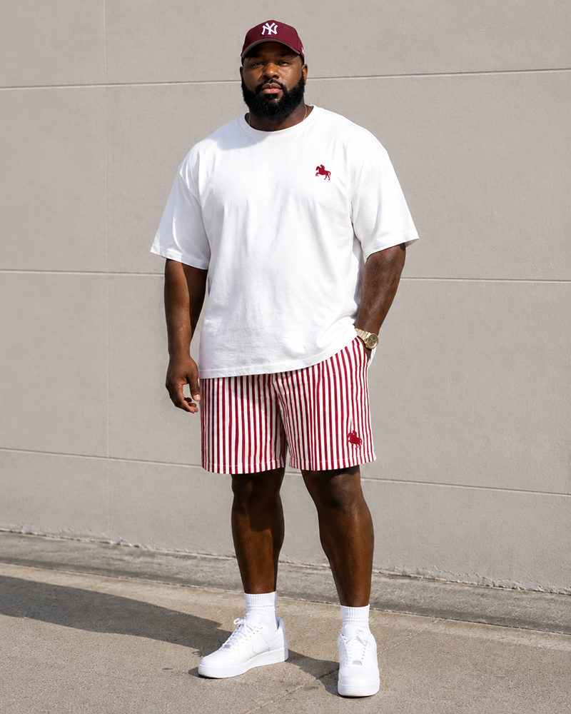 Big & Tall Men’s Solid-Color Pony Vertical Stripe Print Crew-Neck Short-Sleeve T-Shirt And Shorts Set