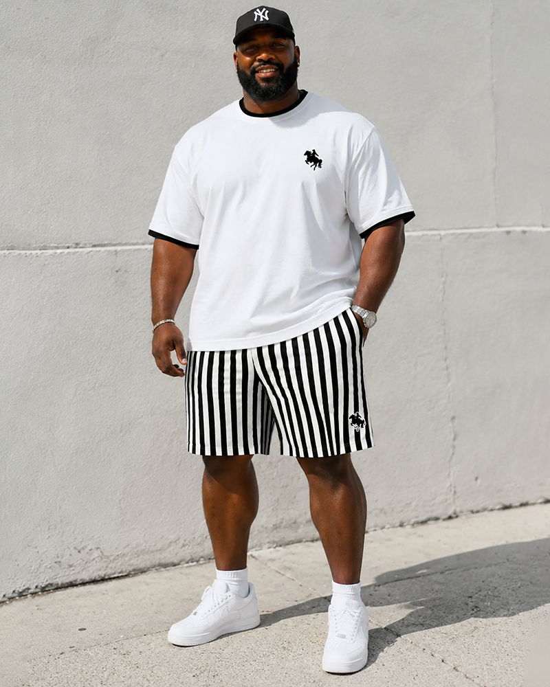Big & Tall Men's Contrast Black Pony Stripe Print Crewneck Short Sleeve T-Shirt Shorts Set