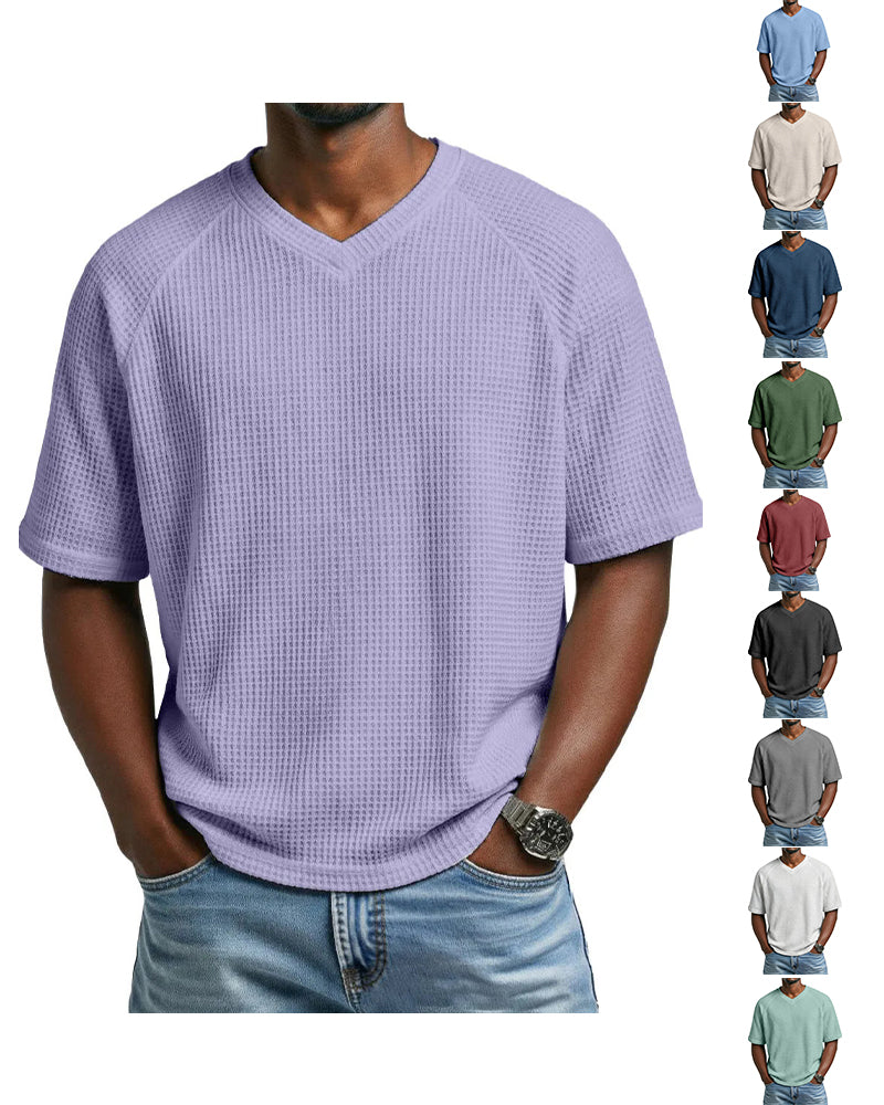 S-4XL Waffled Knit Short Sleeve V-Neck Tee