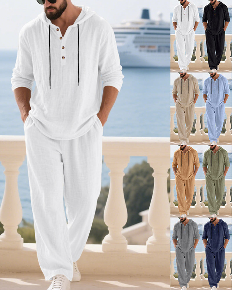 S-3XL Linen Hooded Henley Collar Long Sleeve Trousers Set