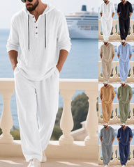 S-3XL Linen Hooded Henley Collar Long Sleeve Trousers Set