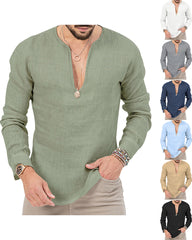 S-3XL Cotton Linen Deep V-Neck Solid Color Long Sleeve T-Shirt
