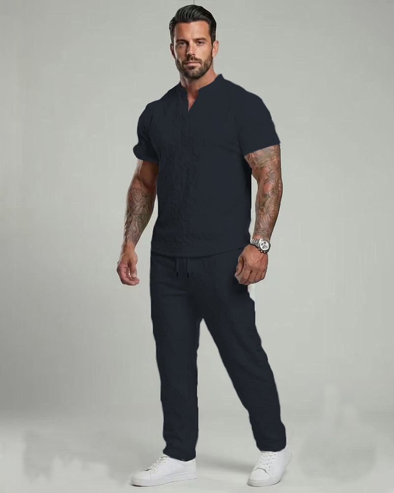 S-3XL Sports Leisure Solid Color V-neck Loose Short-sleeved 2-piece Set