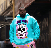 Men's Plus Size Casual Hip Hop Blue Pink Skull Hoodie Two-Piece Set