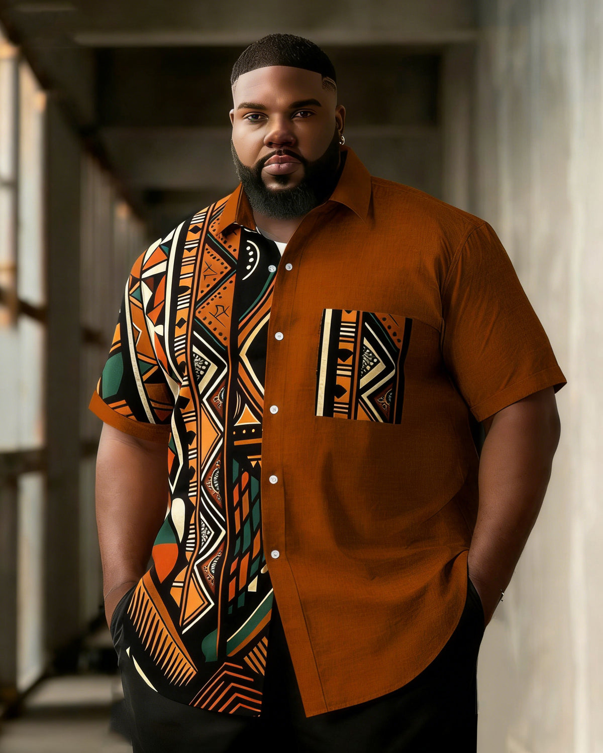 Big & Tall Men's Geometric Totem Splicing Printed Short Sleeve Shirt