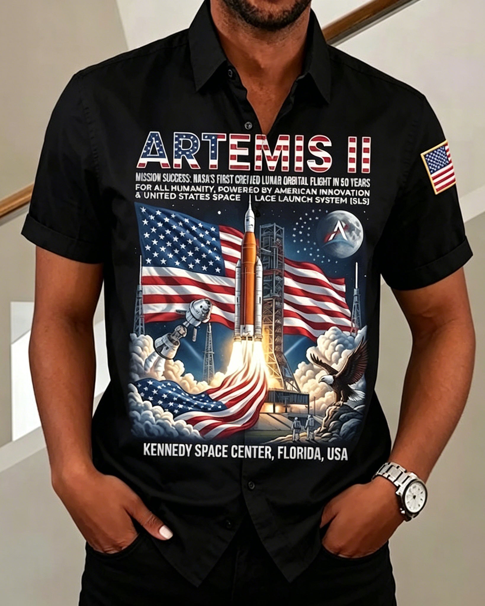 Big & Tall Men's Humanity Returns To The Moon Print Short Sleeve POLO Shirt