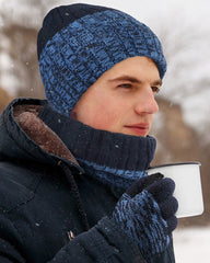 Outdoor Thickened Gradient Contrast Hat Scarf Gloves Knitted Set