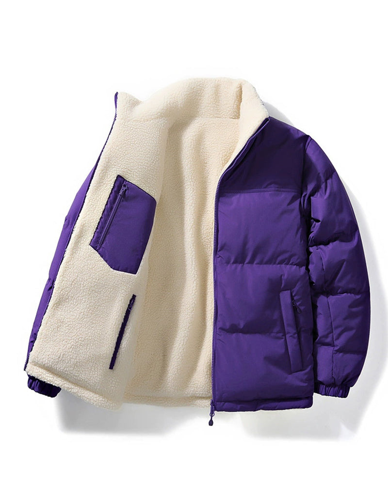 Big & Tall Men's Solid Color Vertical Collar Thickened Lamb Velvet Cotton-padded Jacket Double-sided Wearable S-3XL