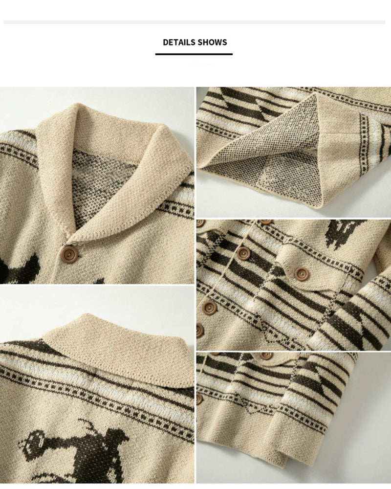 Big & Tall Men's Vintage Jacquard Bullhead Lel Long Sleeve Cardigan Jacket M-3XL