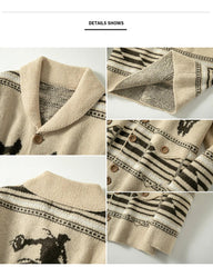 Big & Tall Men's Vintage Jacquard Bullhead Lel Long Sleeve Cardigan Jacket M-3XL