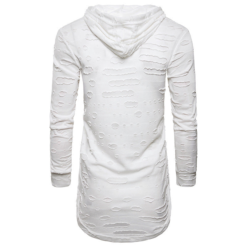 Big & Tall Men's Fashion Personality Hole Solid Color Long Hooded Sports Long Sleeve T-shirt S-2XL