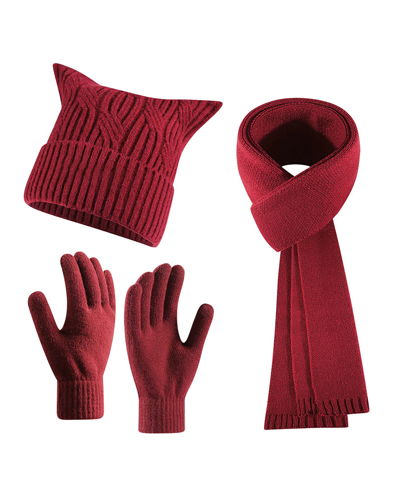Warm Cat Ear Knitted Hat Scarf Gloves Three-piece Set