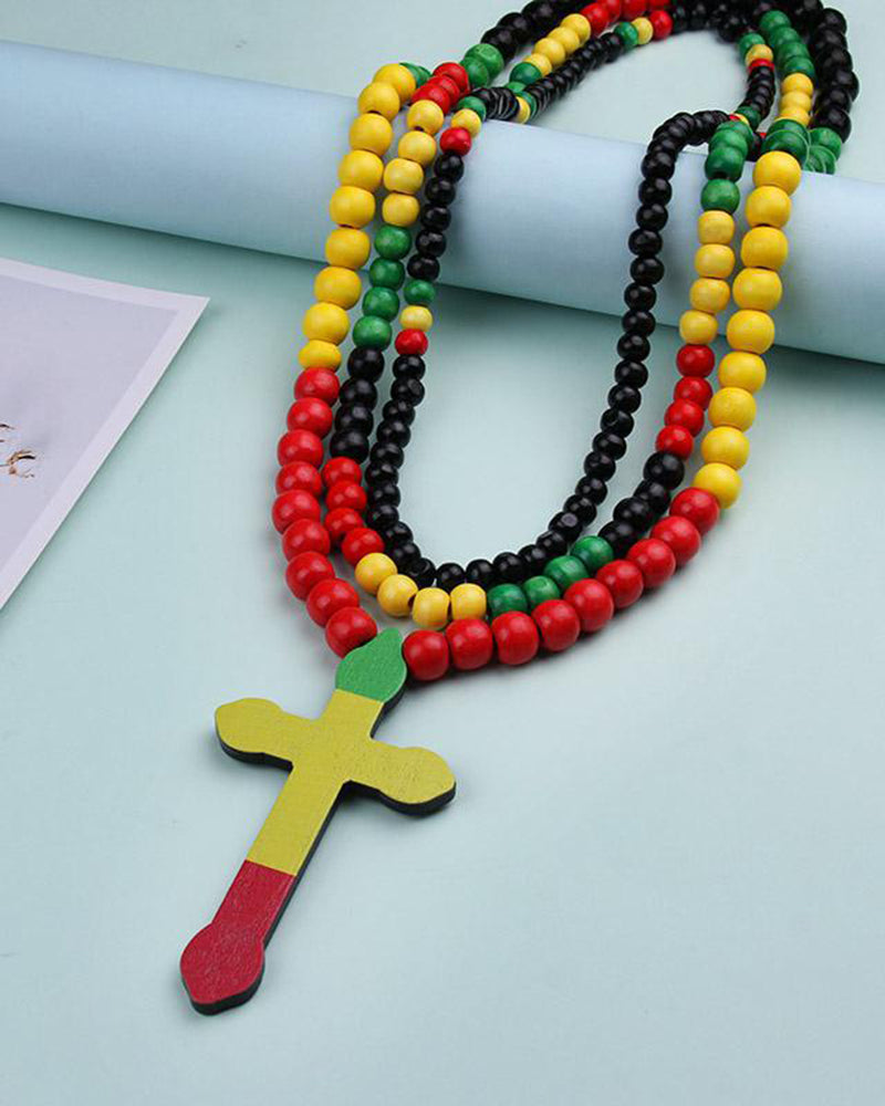 Reggae Color Wooden Bead Cross Necklace Hip Hop Jewelry