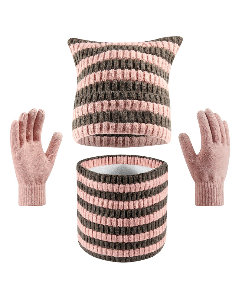 Warm Cat Ear Striped Knitted Hat Scarf Gloves Three-piece Set