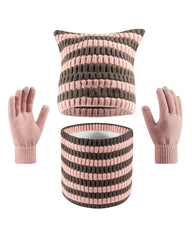 Warm Cat Ear Striped Knitted Hat Scarf Gloves Three-piece Set