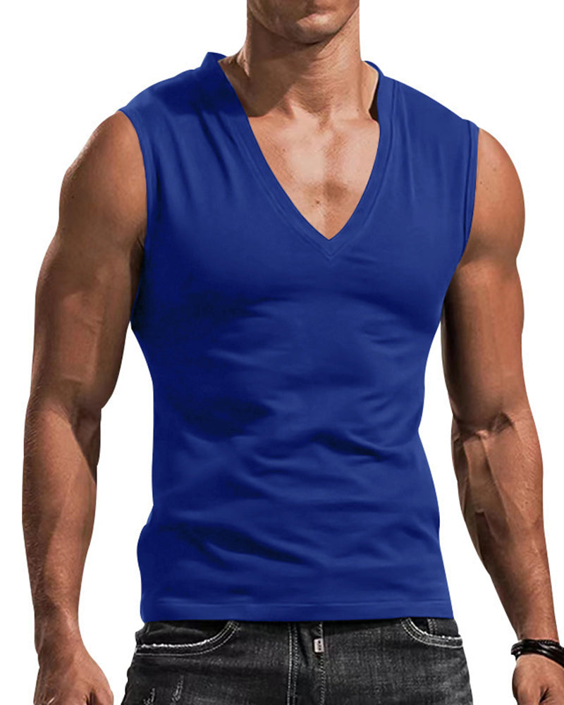 Plus Size Men's V-Neck Vest, Solid Color Casual Breathable Slim Fit Sleeveless T-Shirt