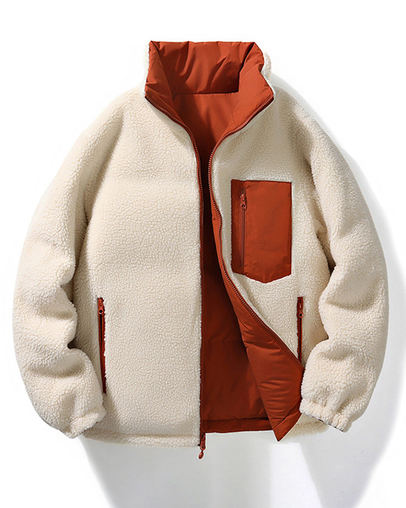 Big & Tall Men's Solid Color Vertical Collar Thickened Lamb Velvet Cotton-padded Jacket Double-sided Wearable S-3XL