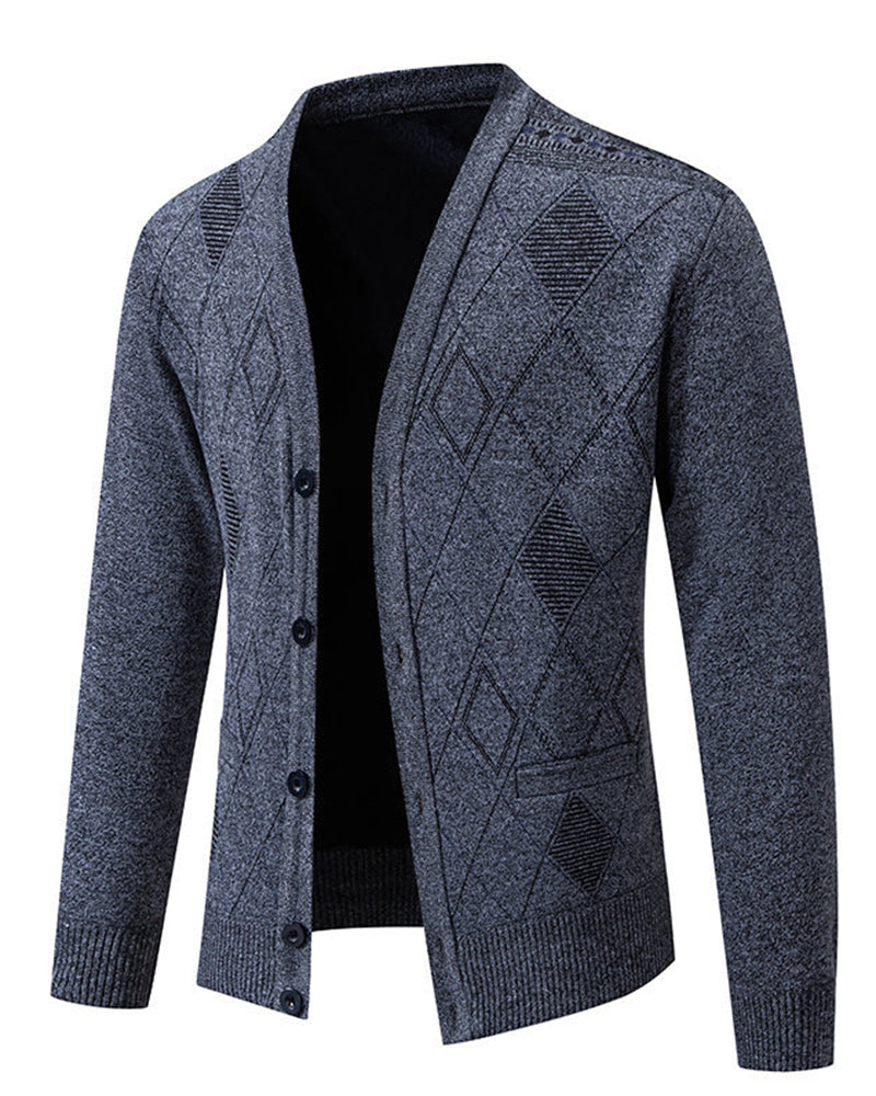Big & Tall Men's Business Diamond Jacquard Thickened Sweater Cardigan Jacket L-3XL