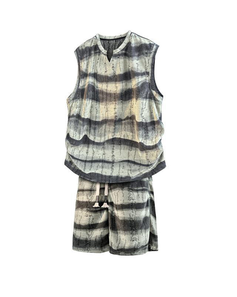 American Style Casual Summer Ice Sense Striped Sleeveless Vest Set Large Size Men's Sports Tie Dye Shorts Two-piece Set