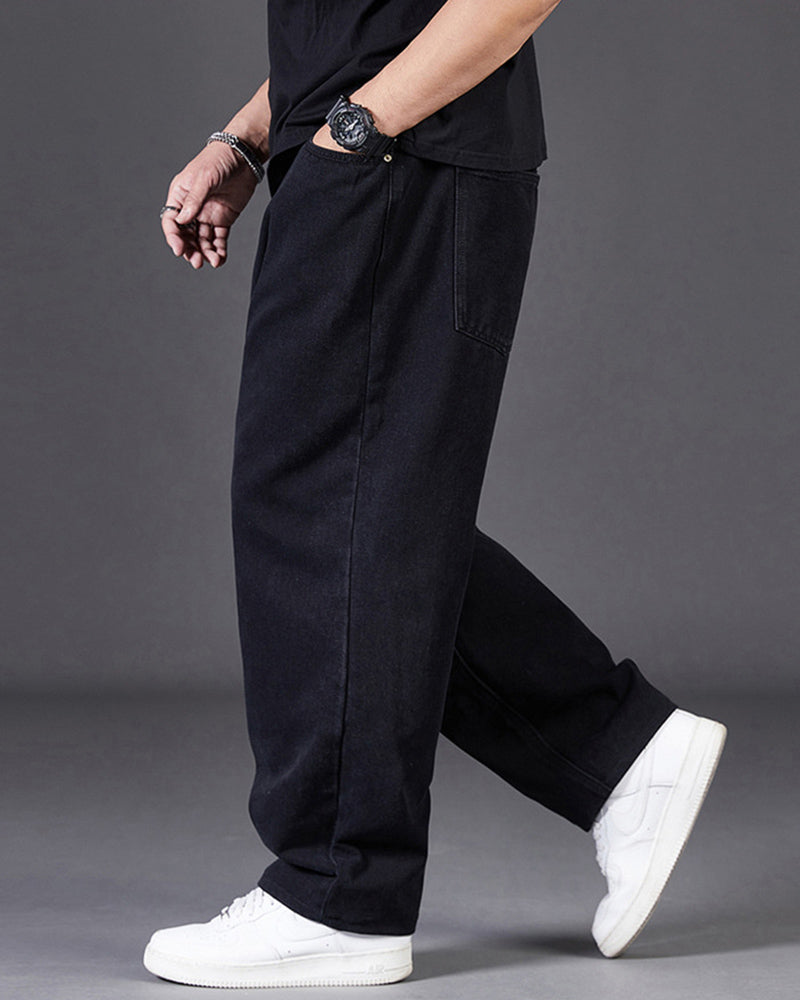 Big & Tall Men's Classic Solid Color Loose Straight Jeans Elastic Waist Trousers 29-48