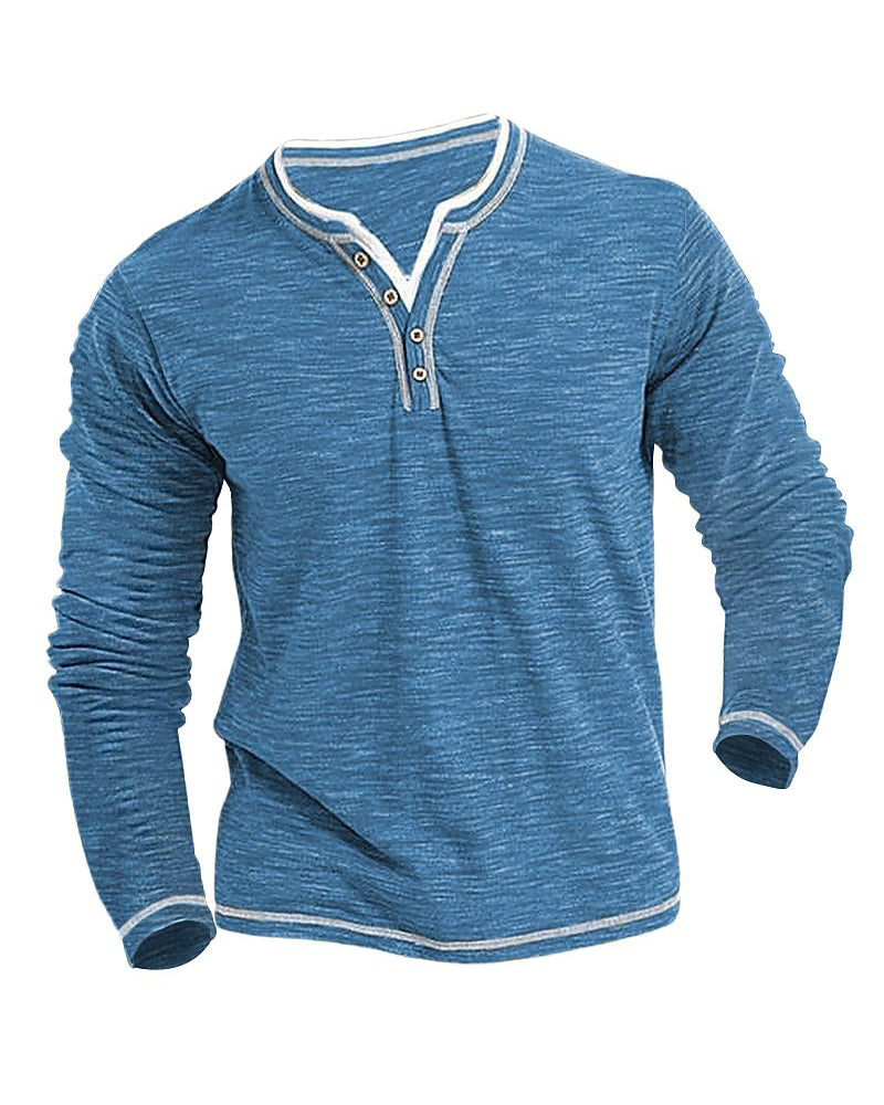 Big & Tall Men's Colored Cotton Small V-neck Stretch Henry Collar Long Sleeve T-shirt S-3XL