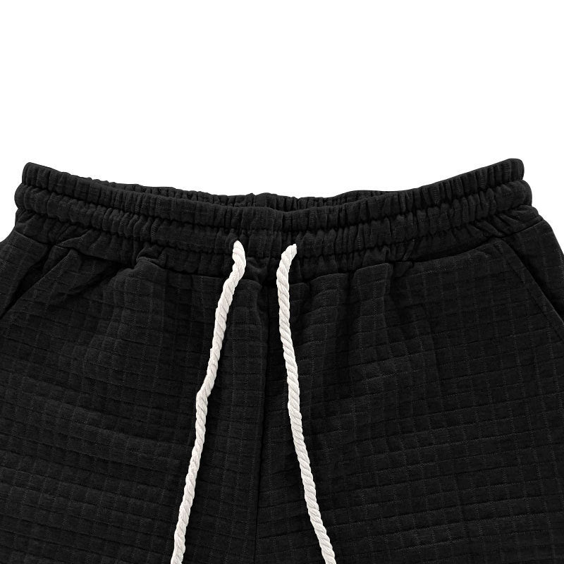 S-3XL Sports Suit Solid Color Plaid Texture Crewneck T-shirt Shorts 2-piece Set